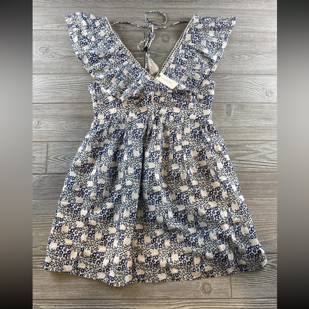 NWT Anthropologie V-Neck Plunge Tunic Mini Dress Blue Motif Size XS